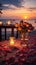 A romantic beach dinner candlelit ambiance, blooming flowers, sunset sky?›ƒ?ªƒ?love in the air